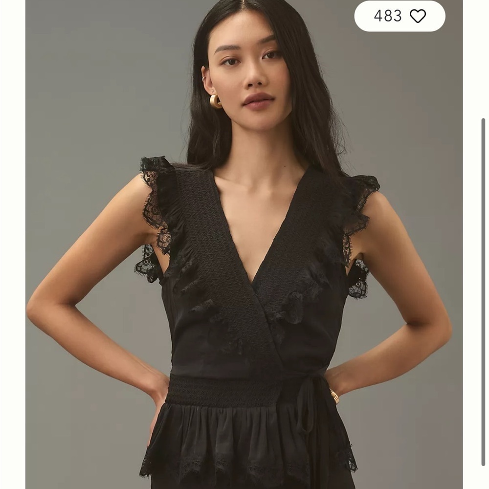 Anthropologie Flutter Wrap Black Cotton Blouse